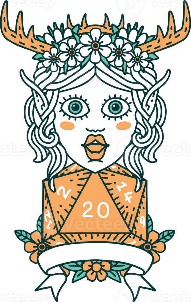 Retro Tattoo Style elf druid character with natural 20 dice roll png