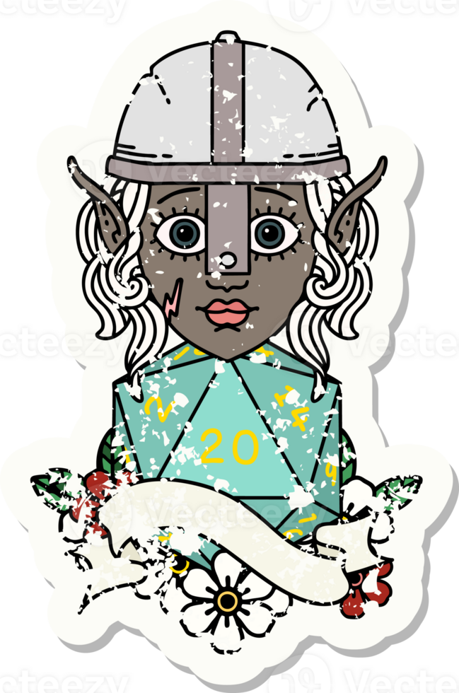 Retro Tattoo Style elf fighter with natural twenty dice roll png