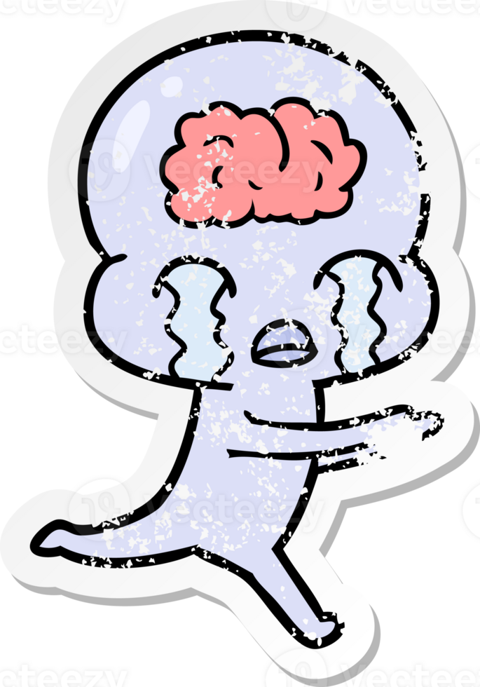 distressed sticker of a cartoon big brain alien crying png