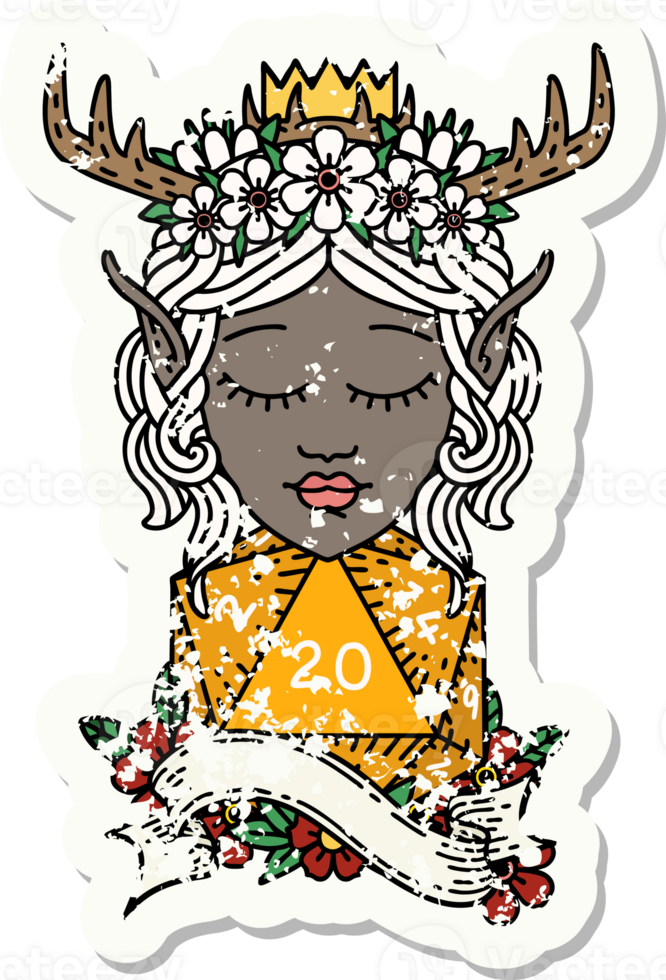 Retro Tattoo Style elf druid character with natural twenty dice roll png