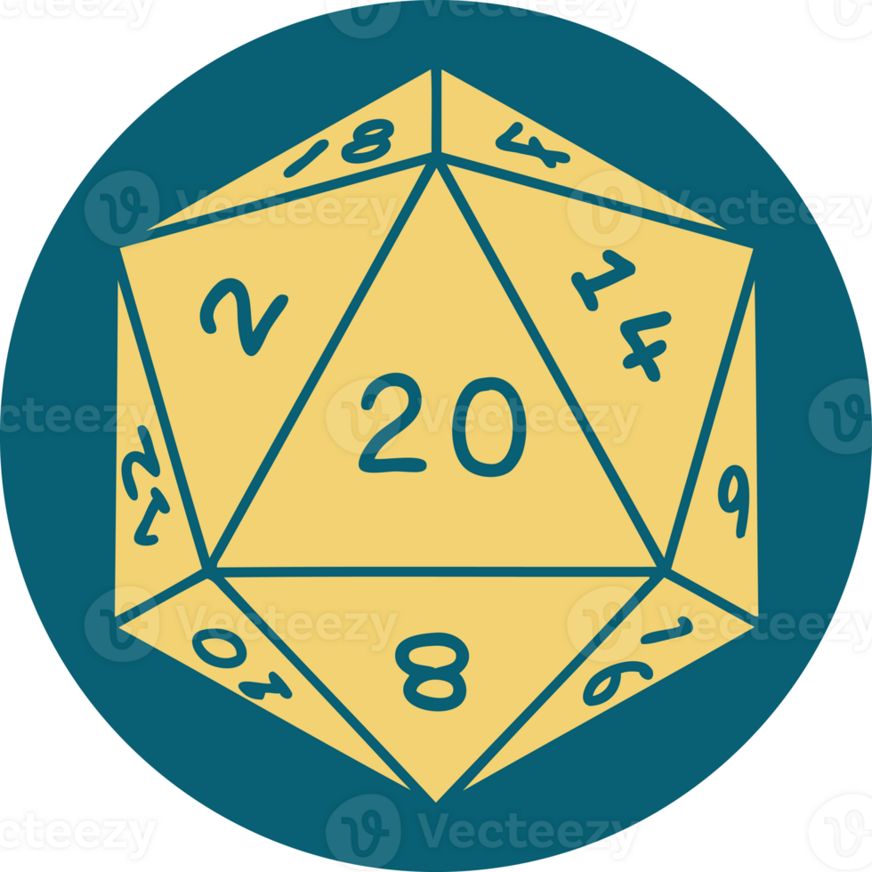Retro Tattoo Style natural 20 D20 dice roll png