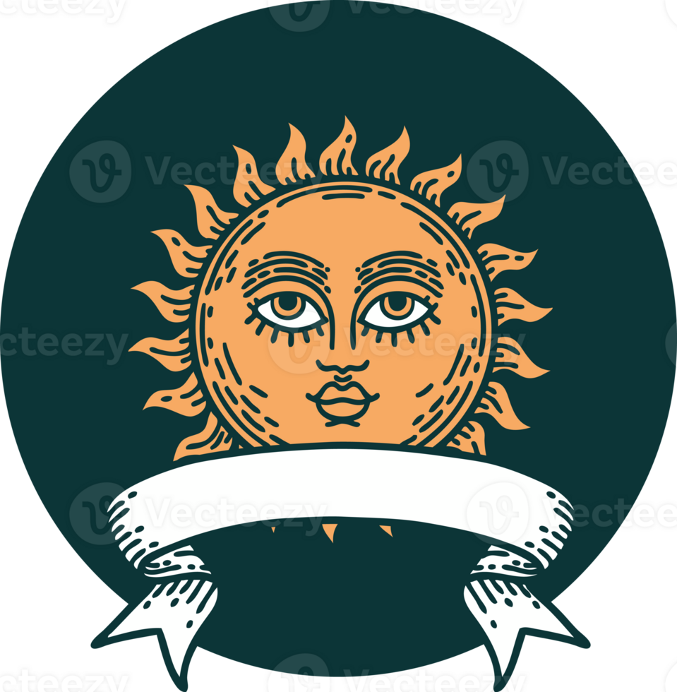 tattoo style icon with banner of a sun with face png