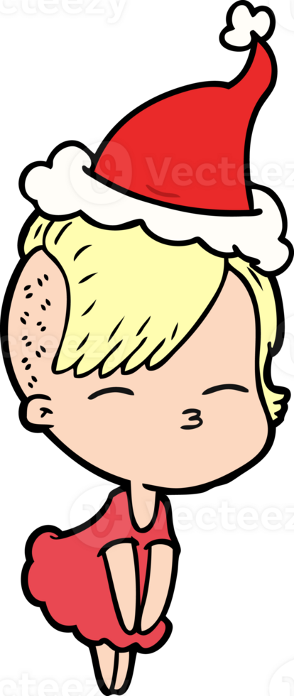 mano disegnato linea disegno di un' strabismo ragazza nel vestito indossare Santa cappello png