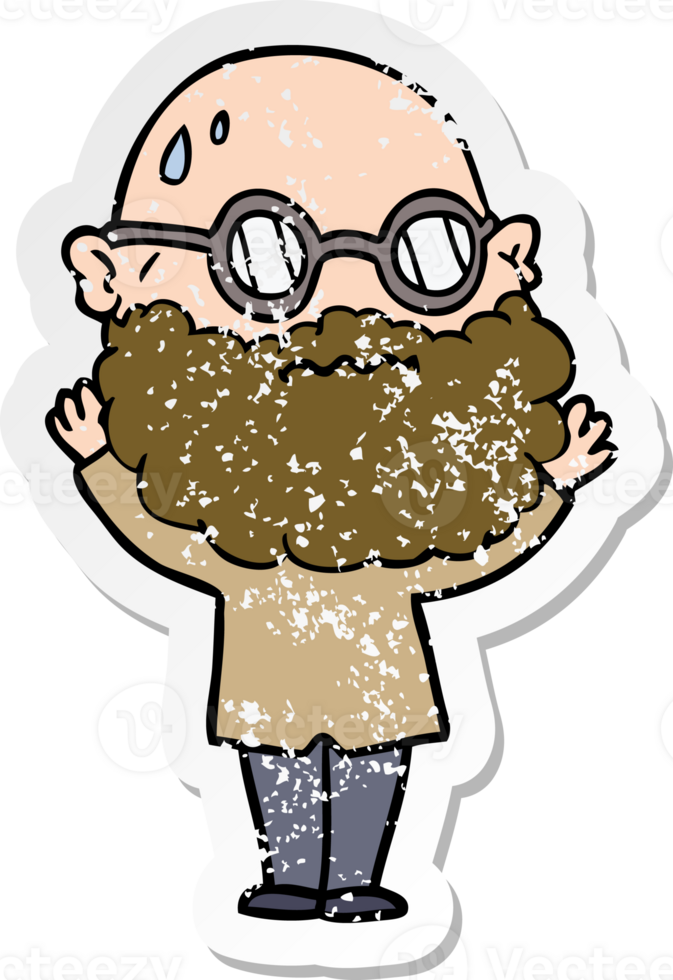 distressed sticker of a cartoon worried man with beard and spectacles png
