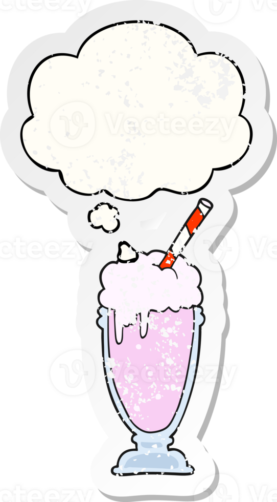 cartoon milkshake with thought bubble as a distressed worn sticker png