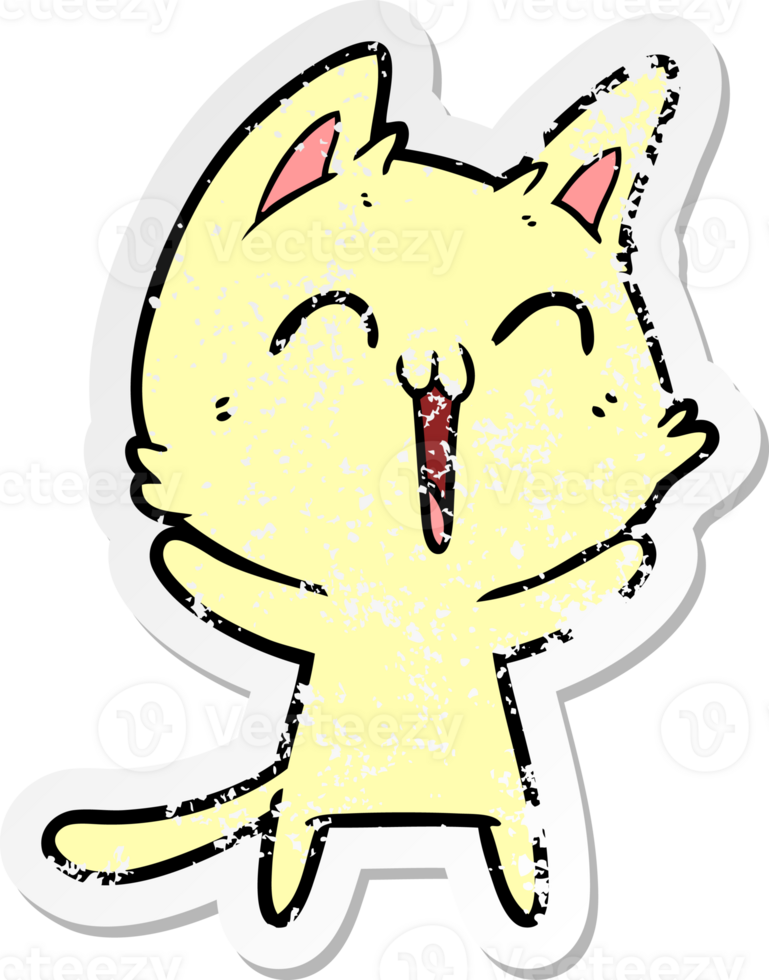 distressed sticker of a happy cartoon cat png