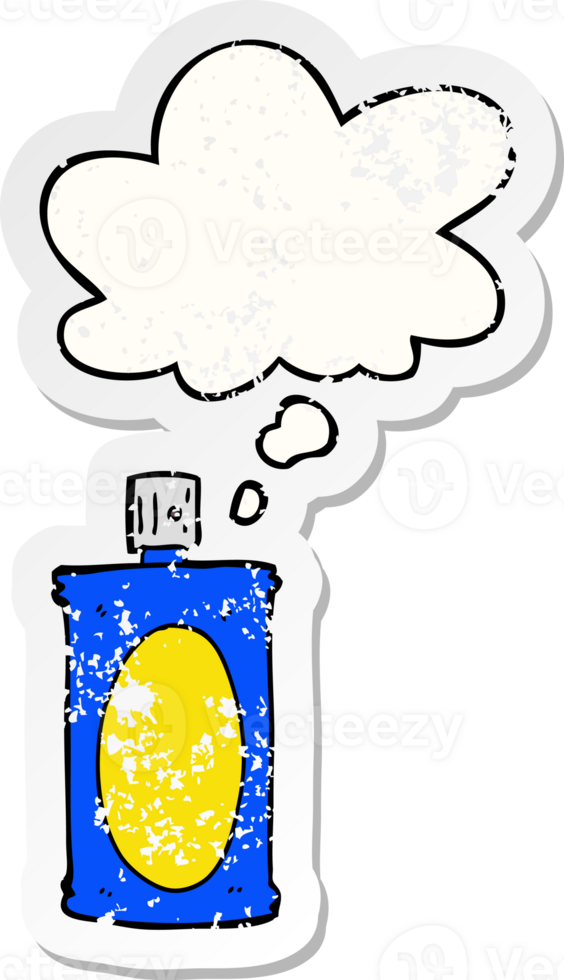 cartoon spray can with thought bubble as a distressed worn sticker png
