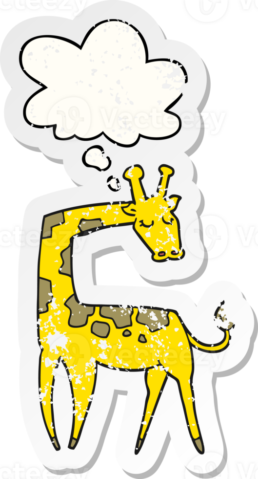cartoon giraffe with thought bubble as a distressed worn sticker png