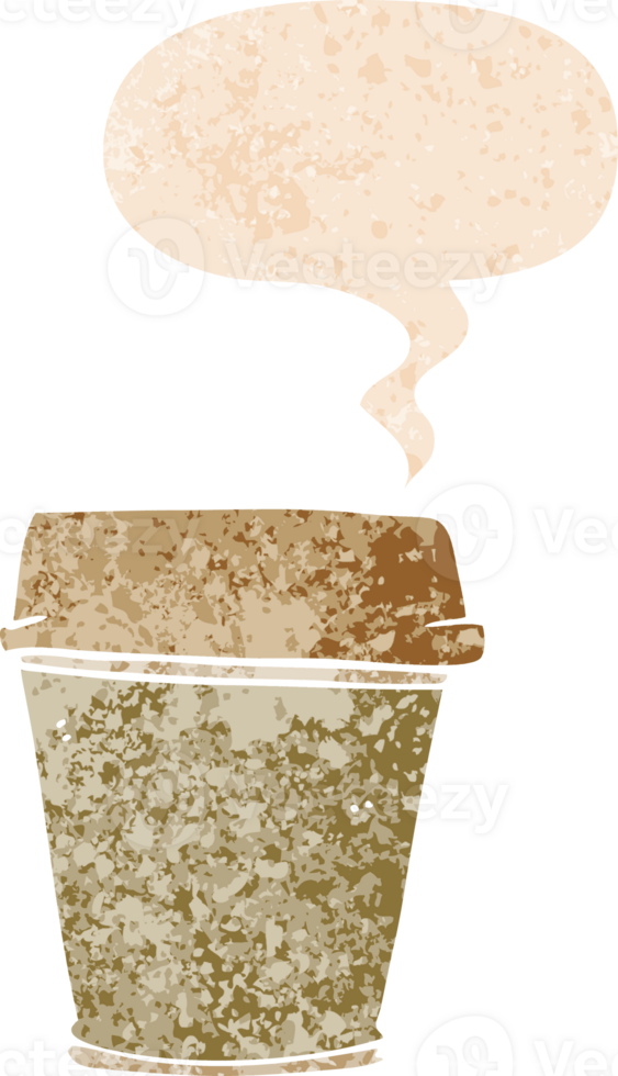 cartoon take out coffee with speech bubble in grunge distressed retro textured style png