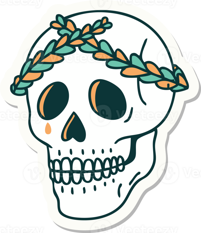 sticker of tattoo in traditional style of a skull with laurel wreath crown png