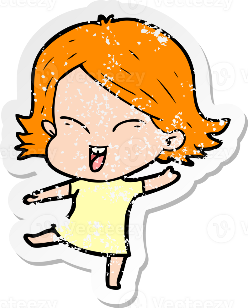 distressed sticker of a happy cartoon girl png