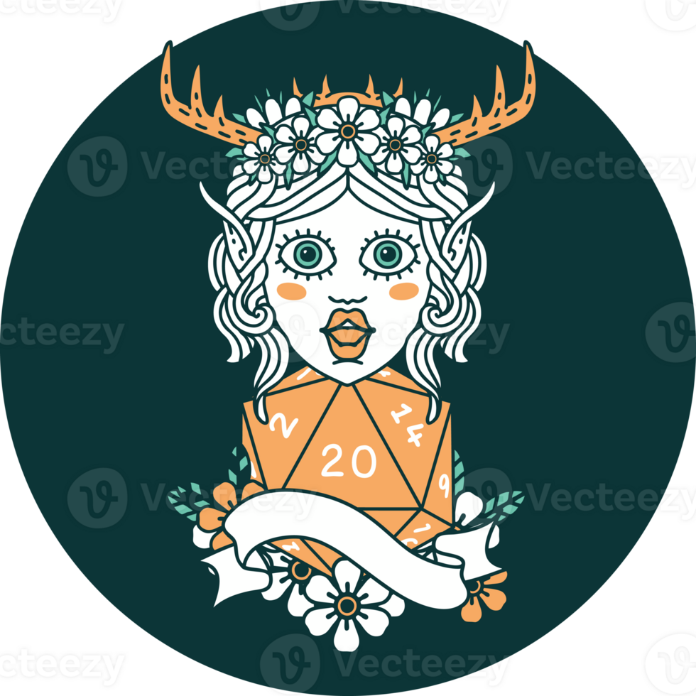icon of elf druid with natural twenty dice roll png