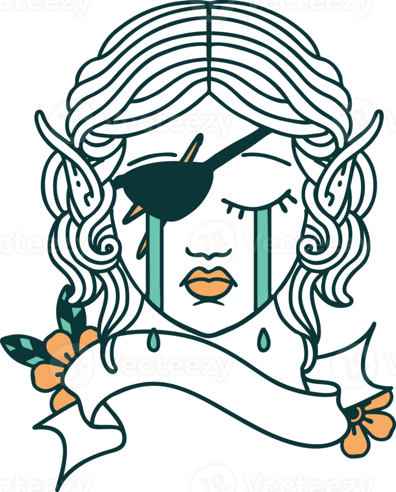 Retro Tattoo Style crying elf rogue character face png