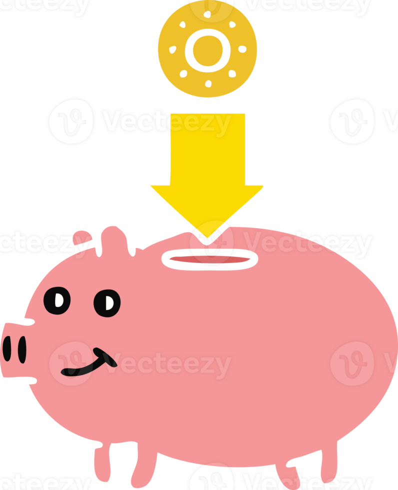flat color retro cartoon of a piggy bank png