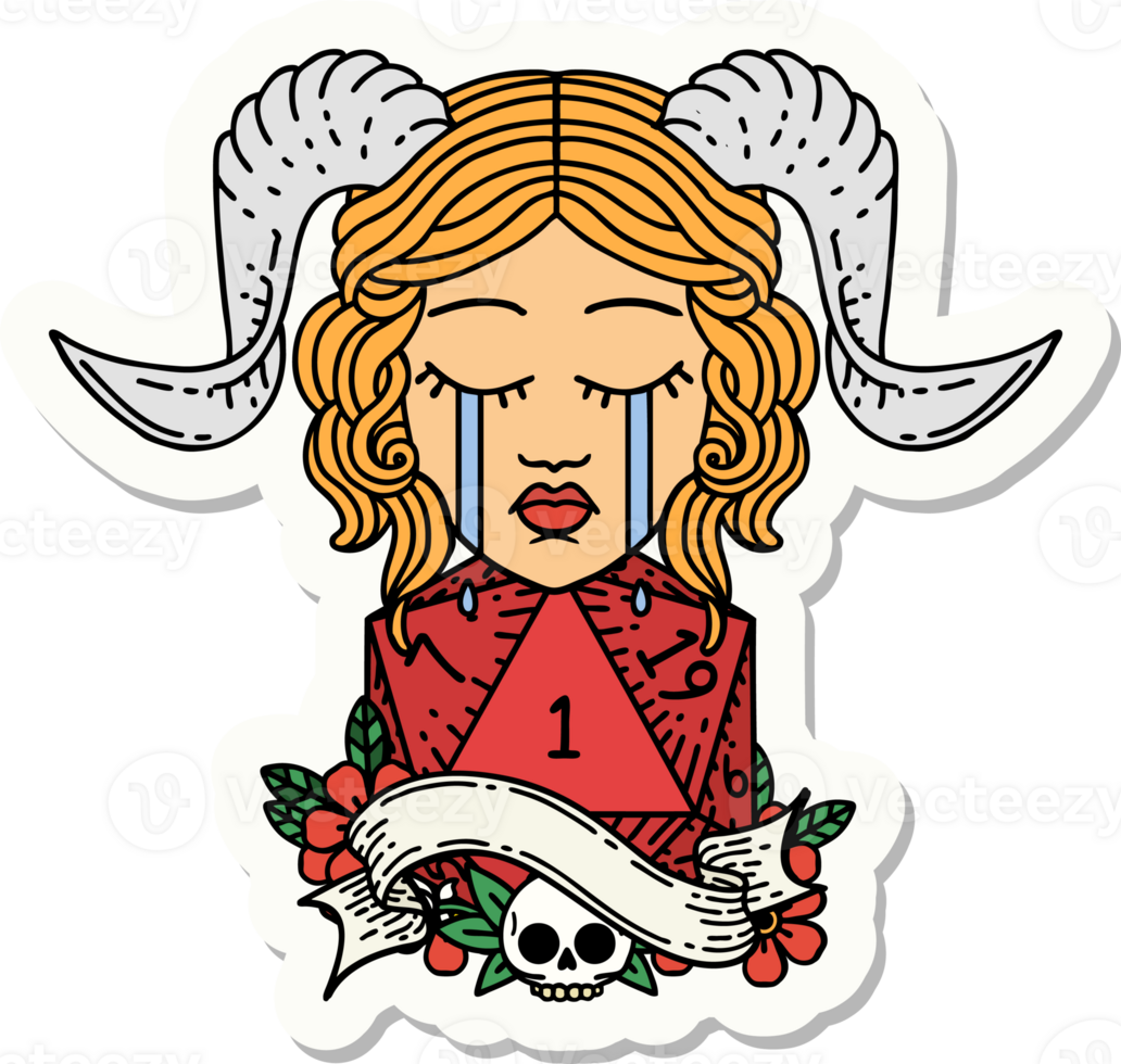 sticker of a crying tiefling with natural one D20 dice roll png