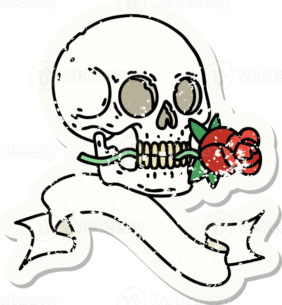 worn old sticker with banner of a skull and rose png