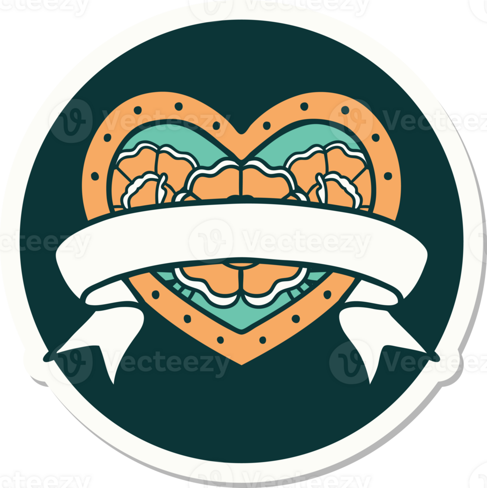 sticker of tattoo in traditional style of a heart and banner with flowers png