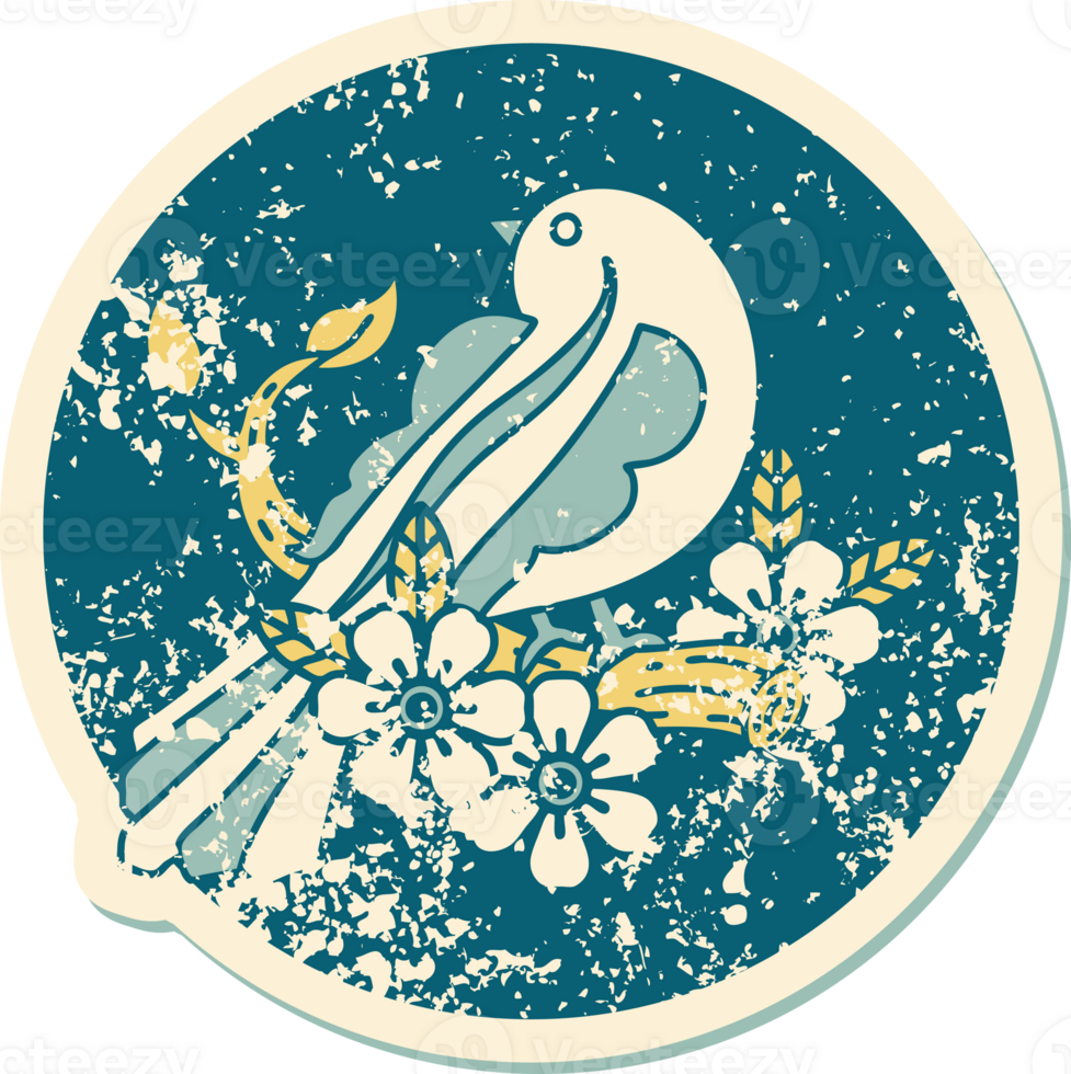iconic distressed sticker tattoo style image of a bird on a branch png
