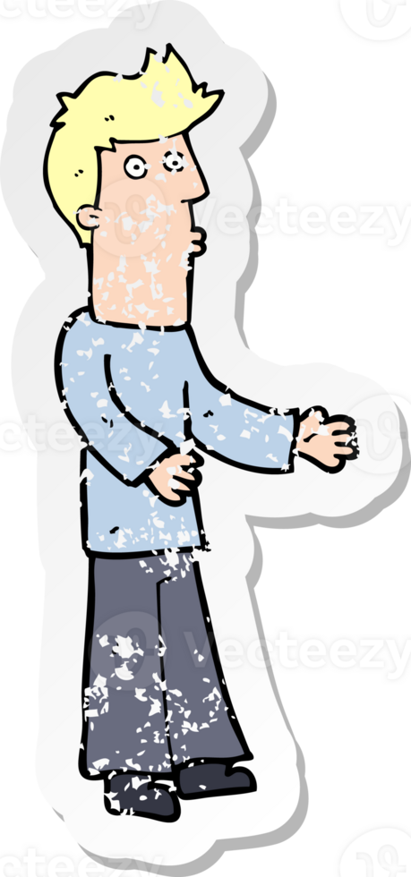 retro distressed sticker of a cartoon man explaining png