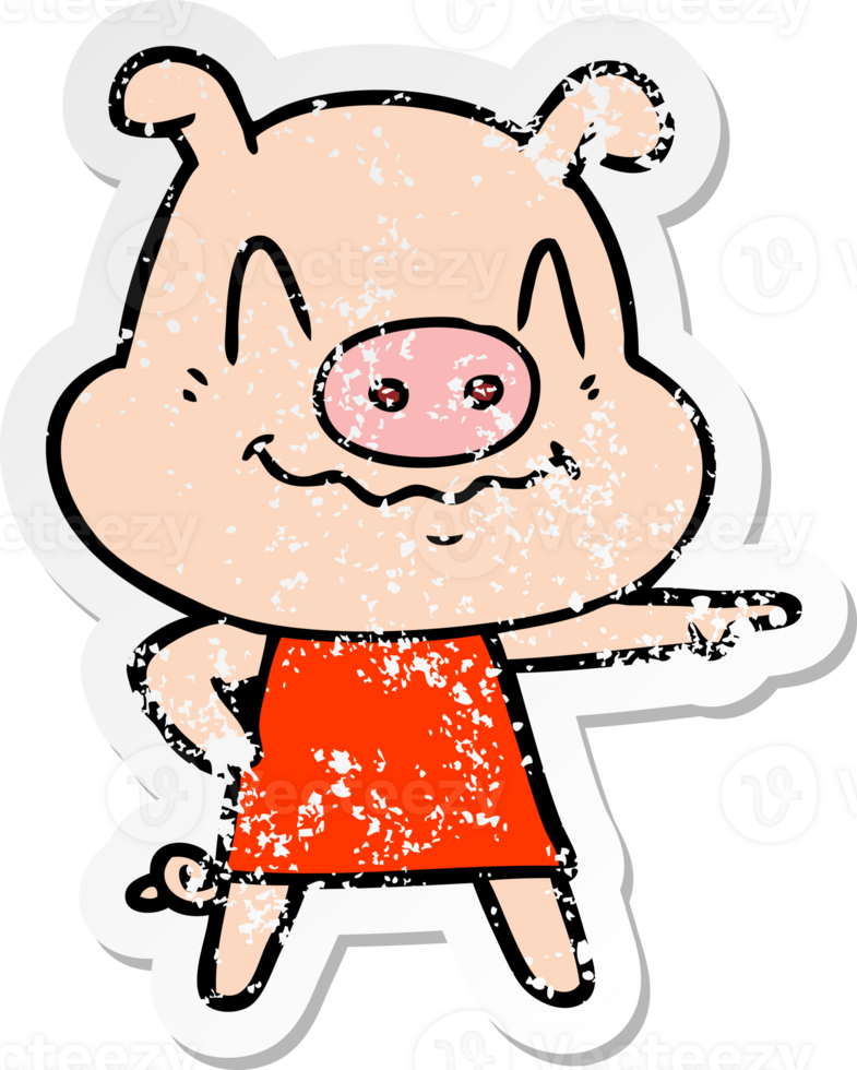 distressed sticker of a nervous cartoon pig wearing dress png