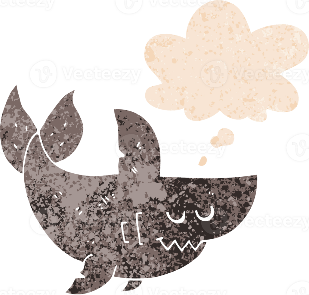 cartoon shark with thought bubble in grunge distressed retro textured style png