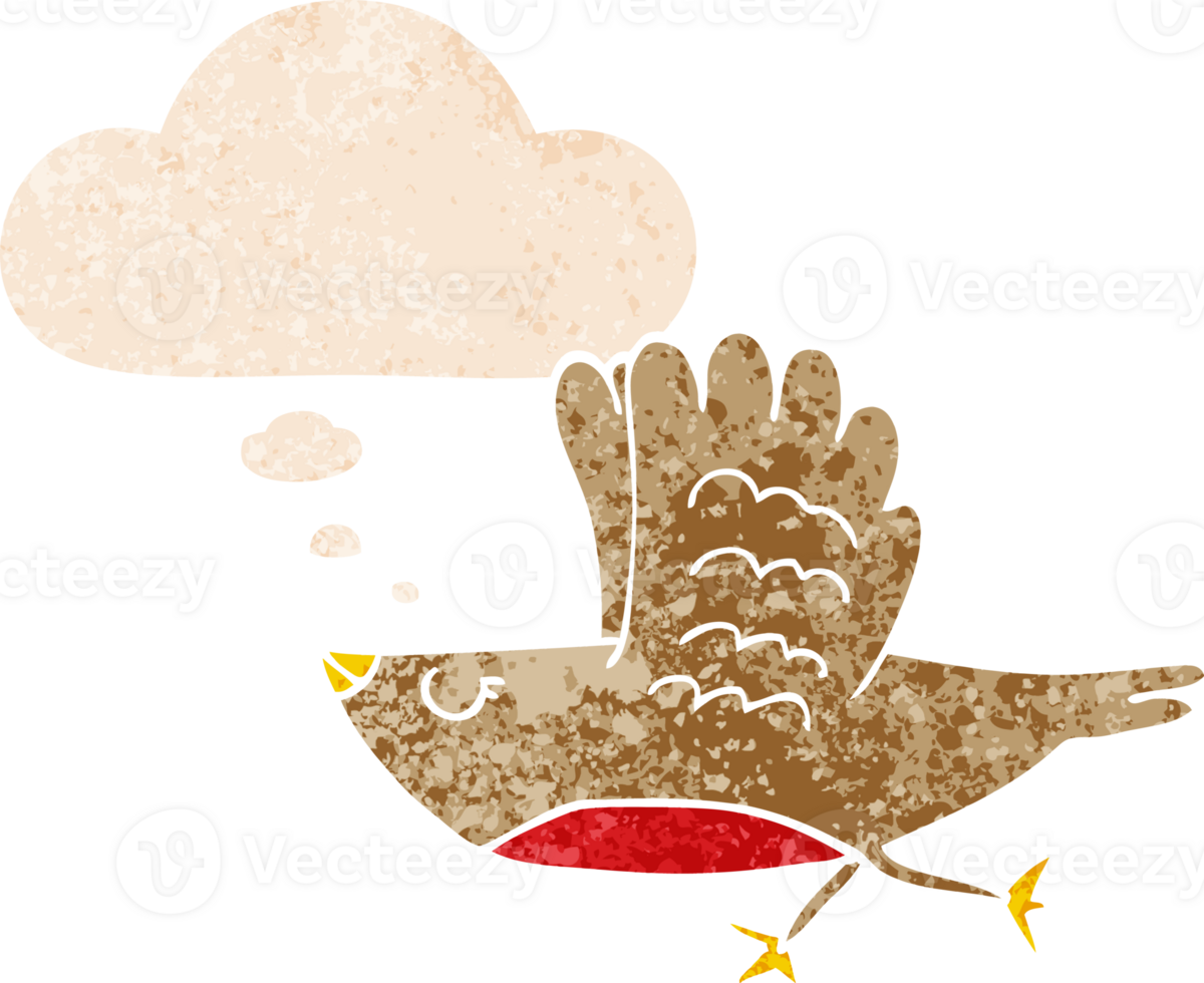 cartoon bird with thought bubble in grunge distressed retro textured style png