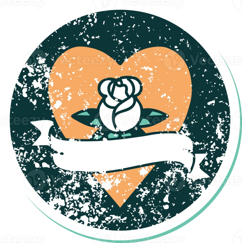 iconic distressed sticker tattoo style image of a heart rose and banner png