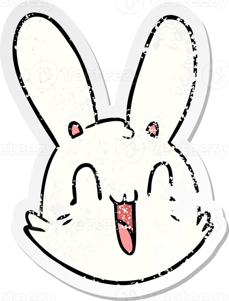 distressed sticker of a cartoon crazy happy bunny face png