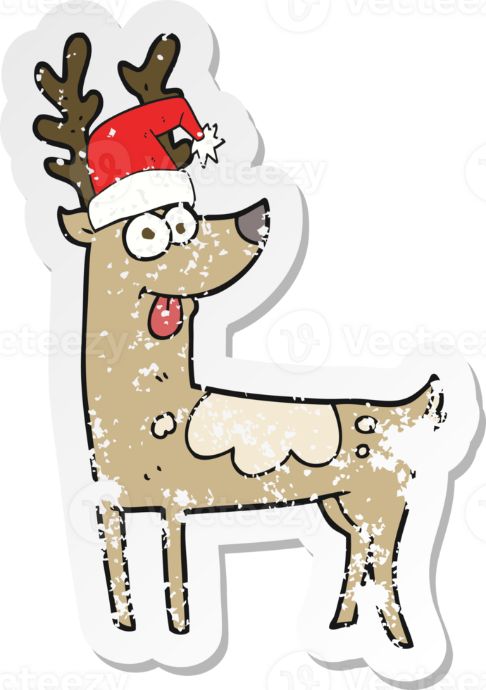 retro distressed sticker of a cartoon crazy reindeer png