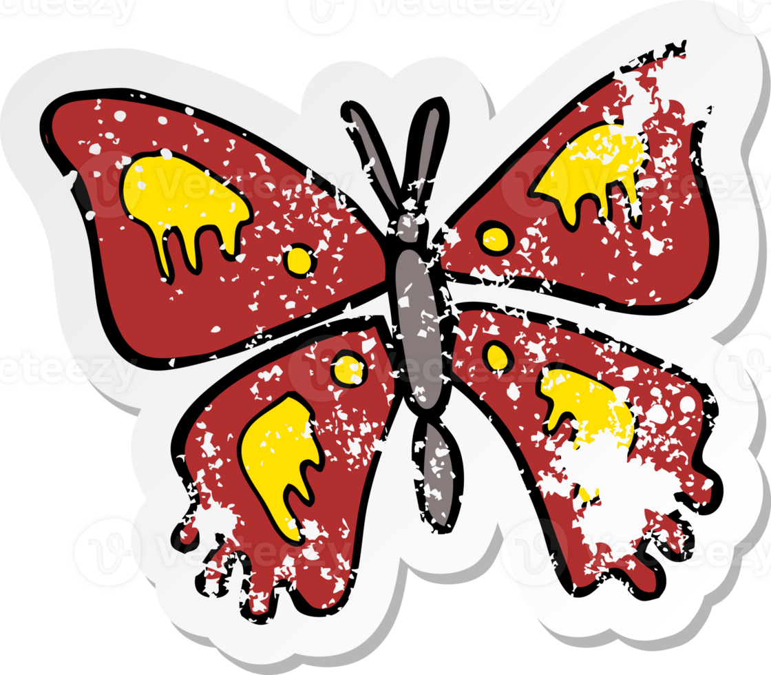 retro distressed sticker of a cartoon butterfly png