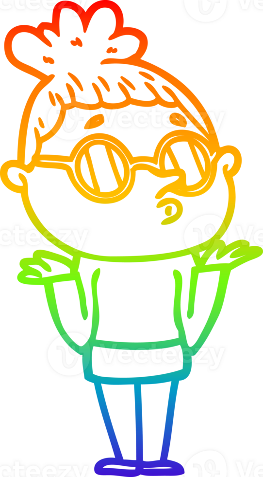 rainbow gradient line drawing of a cartoon woman wearing glasses png