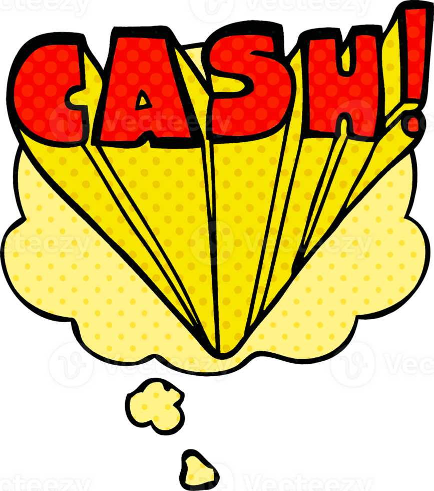 cartoon word cash with thought bubble in comic book style png