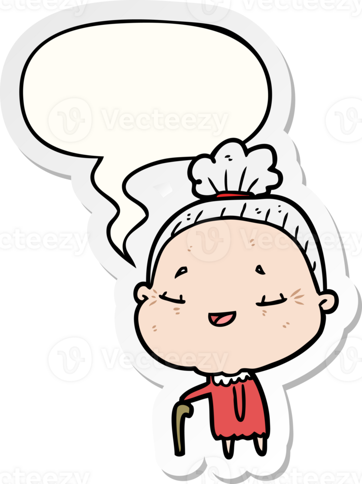 cartoon old woman with walking stick with speech bubble sticker png