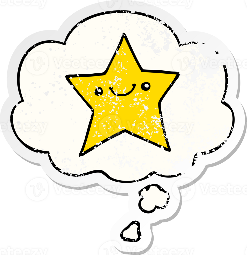happy cartoon star with thought bubble as a distressed worn sticker png