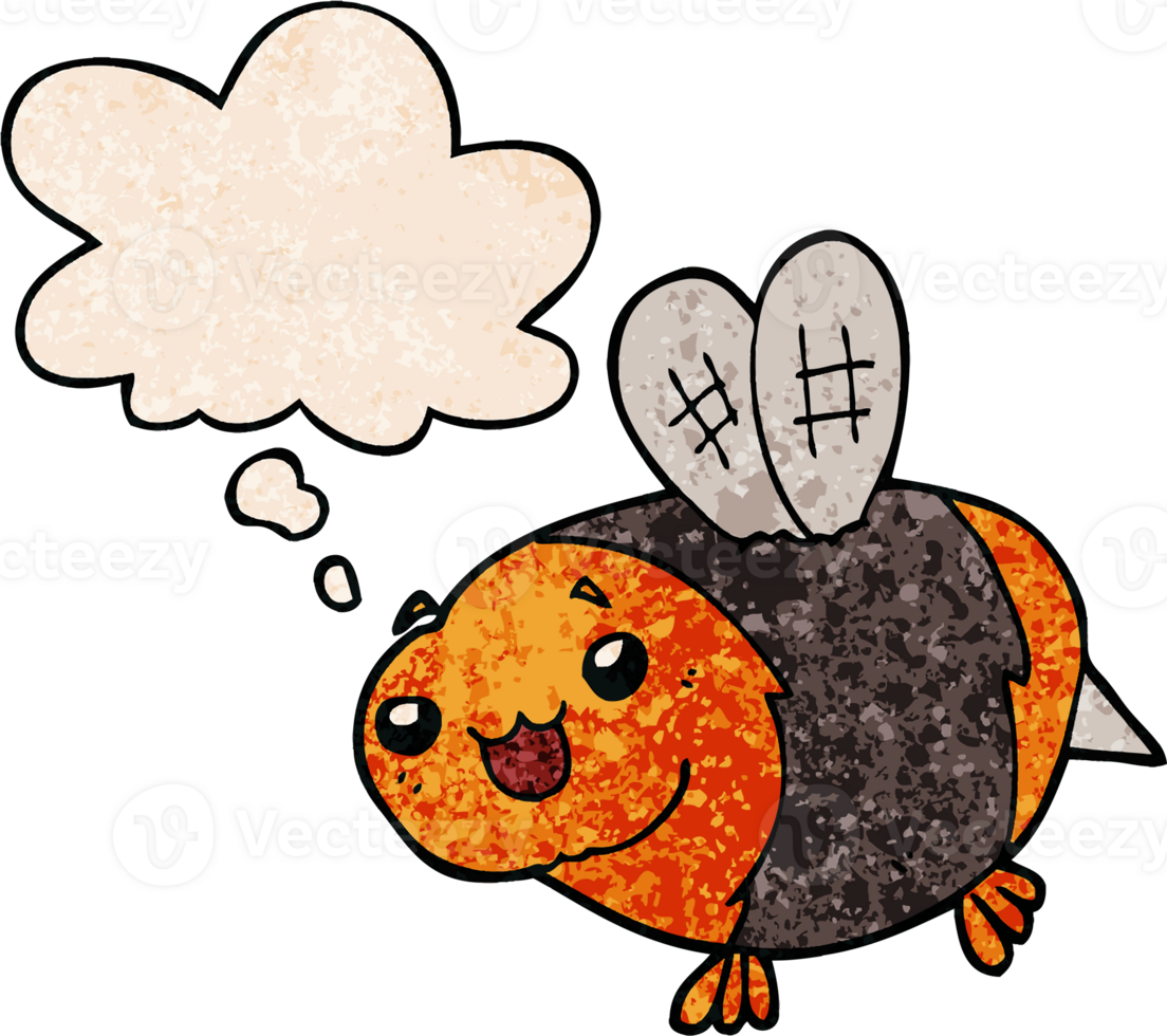 funny cartoon bee with thought bubble in grunge texture style png
