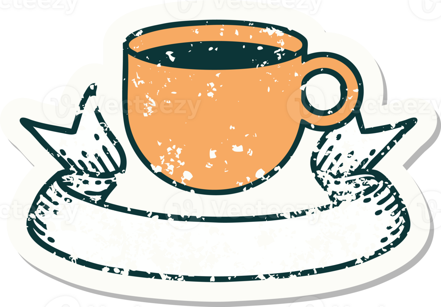 worn old sticker with banner of cup of coffee png