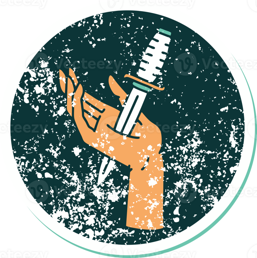 iconic distressed sticker tattoo style image of a dagger in the hand png
