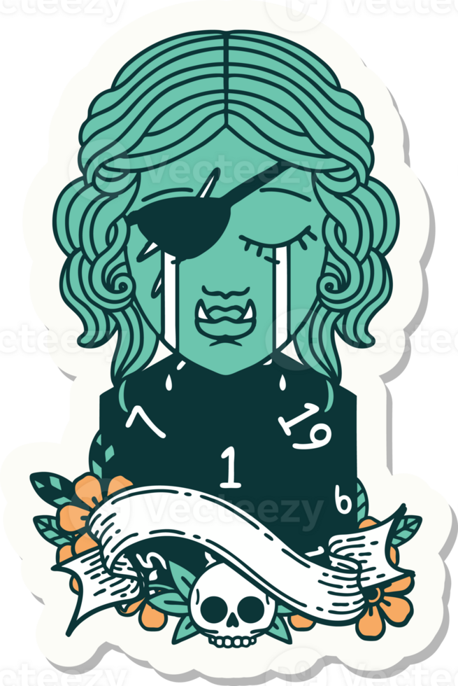 sticker of a crying orc rogue character face with natural one D20 roll png