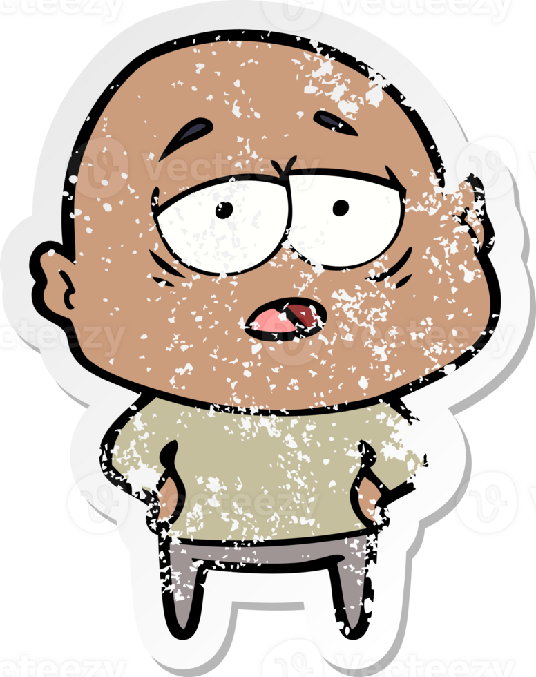 distressed sticker of a cartoon tired bald man png