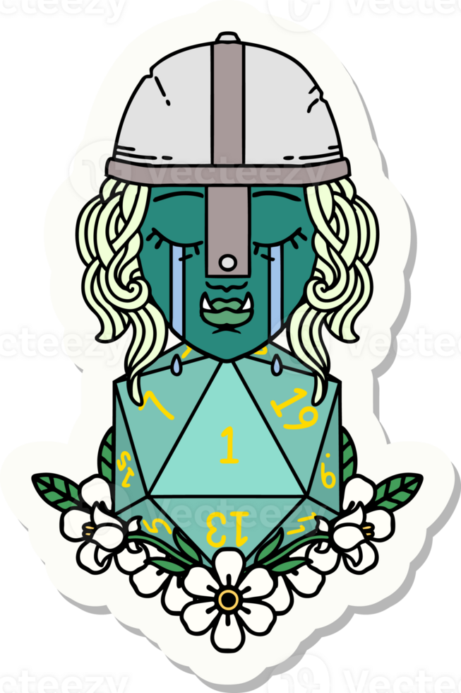 sticker of a crying orc fighter character with natural one D20 roll png