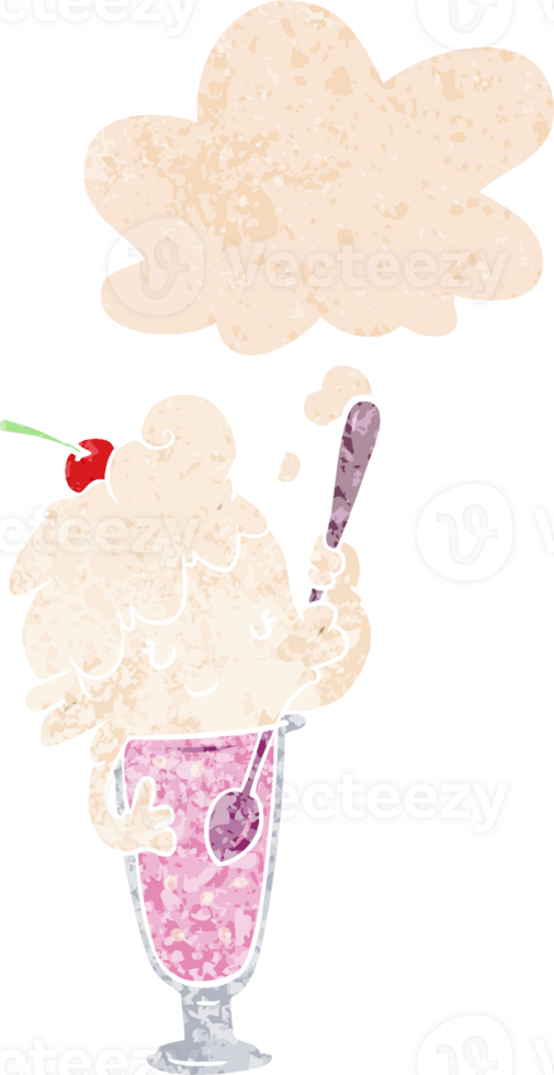 cartoon ice cream soda girl with thought bubble in grunge distressed retro textured style png