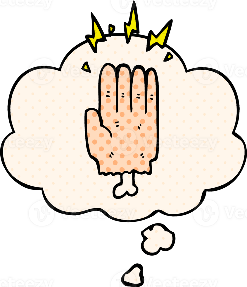cartoon magic halloween zombie hand with thought bubble in comic book style png