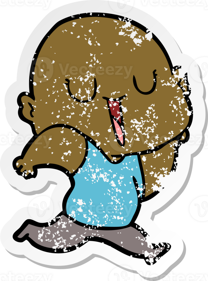 distressed sticker of a happy cartoon bald man png