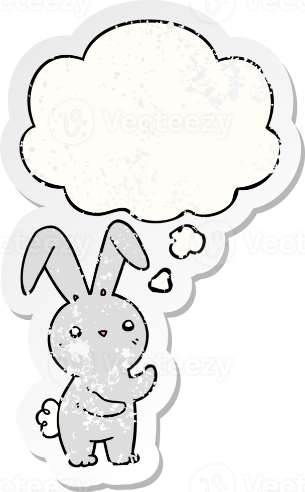 cute cartoon rabbit with thought bubble as a distressed worn sticker png