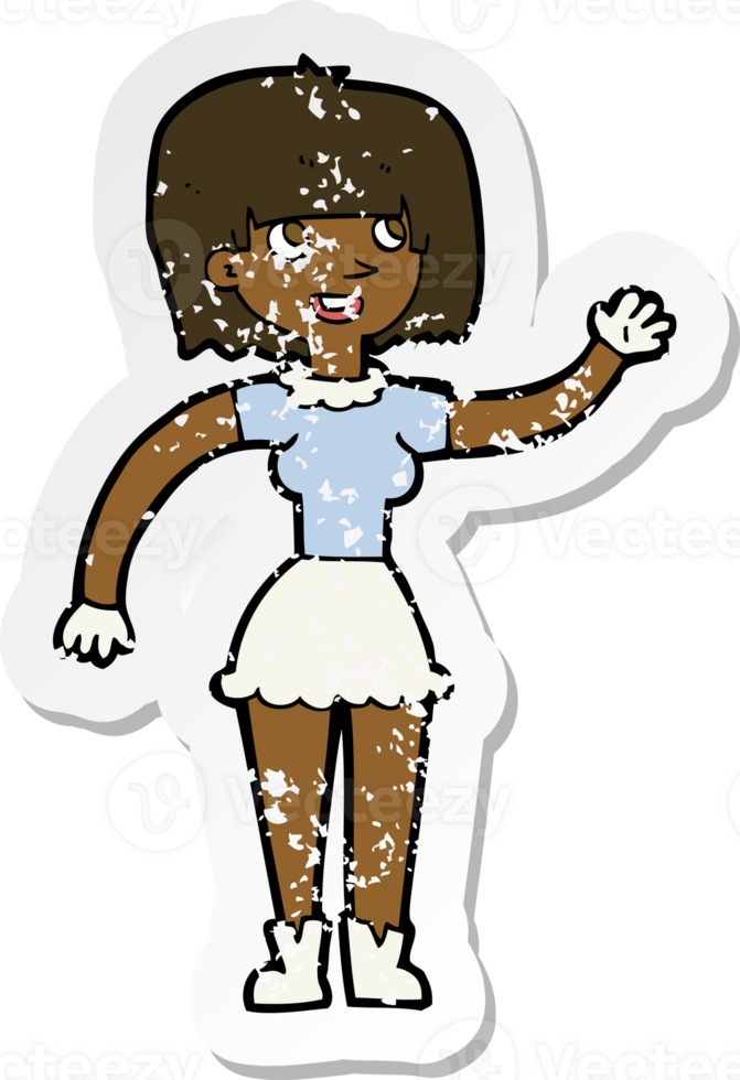 retro distressed sticker of a cartoon girl waving png