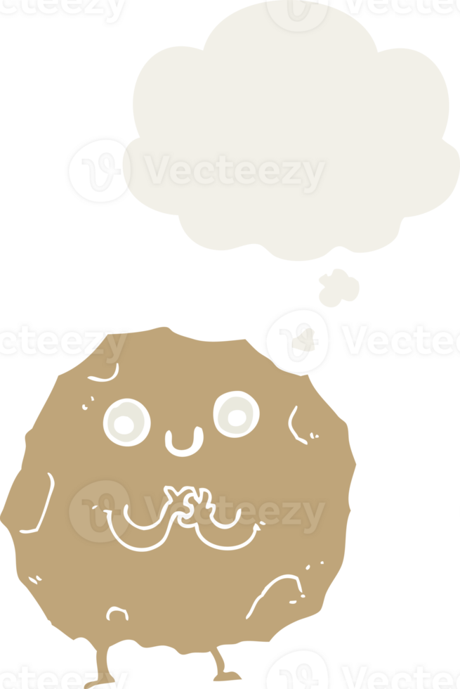 cartoon rock character with thought bubble in retro style png