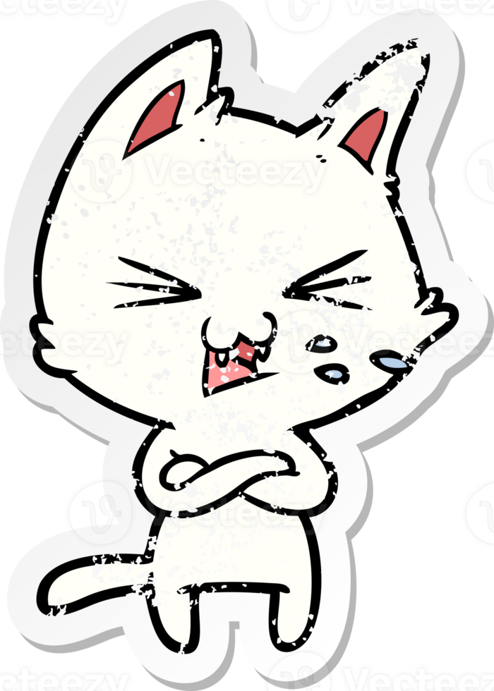 distressed sticker of a cartoon cat with crossed arms png