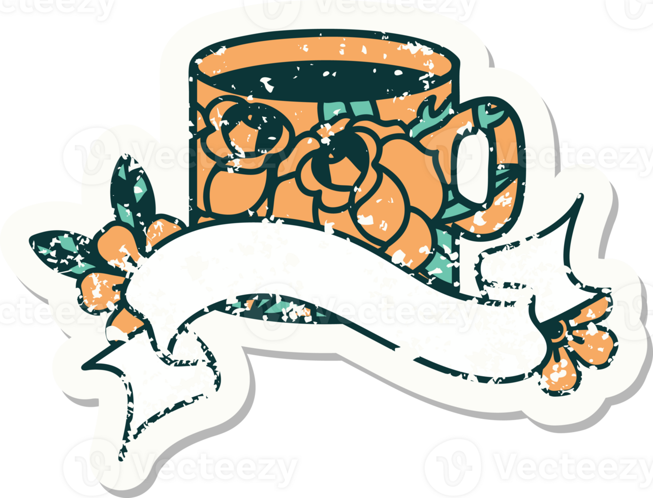 worn old sticker with banner of a cup and flowers png