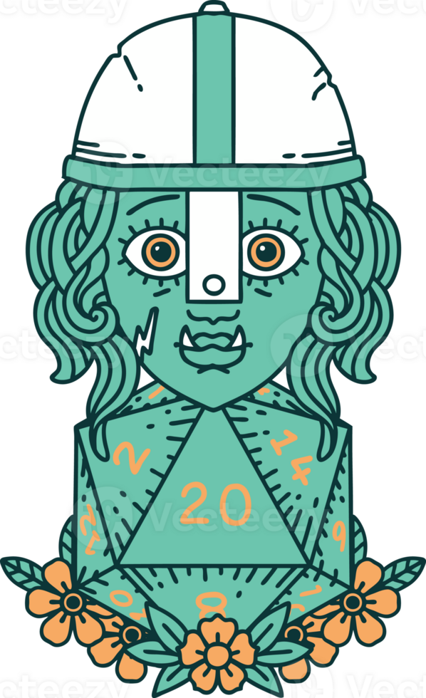 Retro Tattoo Style half orc fighter character with natural twenty dice roll png