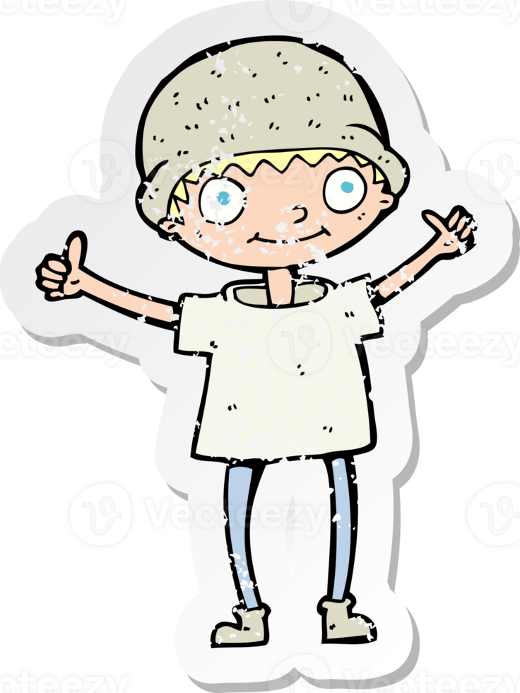 retro distressed sticker of a cartoon boy with positive attitude png